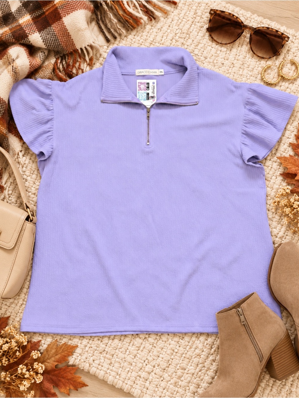 Grace + Emma NWT Lavender Ruffle Sleeve Half Zip Top Women’s 2X Textured